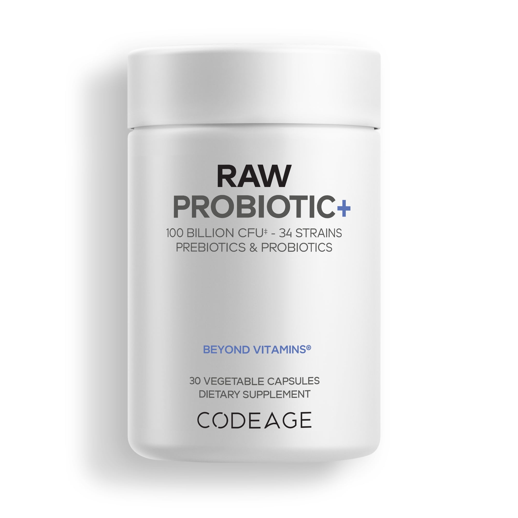 Codeage Raw Probiotic+ Supplement - 34 Probiotic Strains, 100 Billion CFUs, Raw Whole Food Probiotics, Digestive Enzymes, Raw Fruits & Veggies Prebiotics - Wild Kefir Culture - Non-GMO - 30 Capsules
