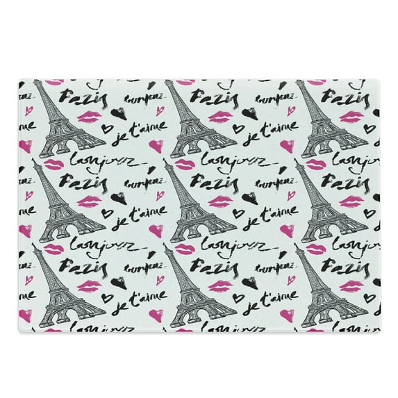 Paris Cutting Board, Eiffel Tower Lipstick Kiss Heart Shape Words Love Touristic Architecture, Decorative Tempered Glass Cutting and Serving Board, Large Size, White Black Pink, by Ambesonne