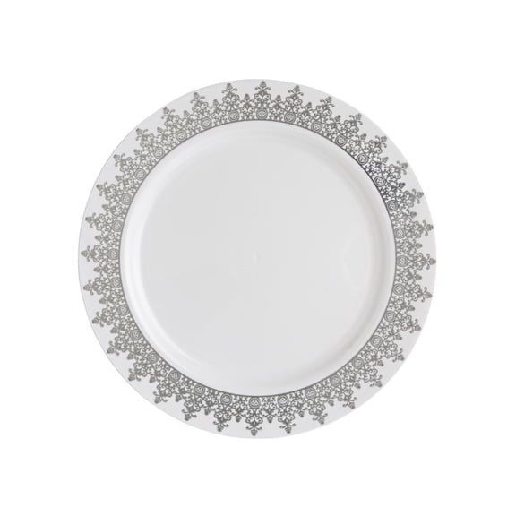 Ornament 10 1/4" White w/Silver Regal Border Plastic Banquet Plates *Case of 120*