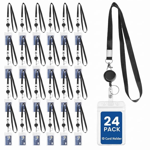 24 Pack Clear ID Badge Holders with Clips, 25" Retractable Lanyards for Office School, Black