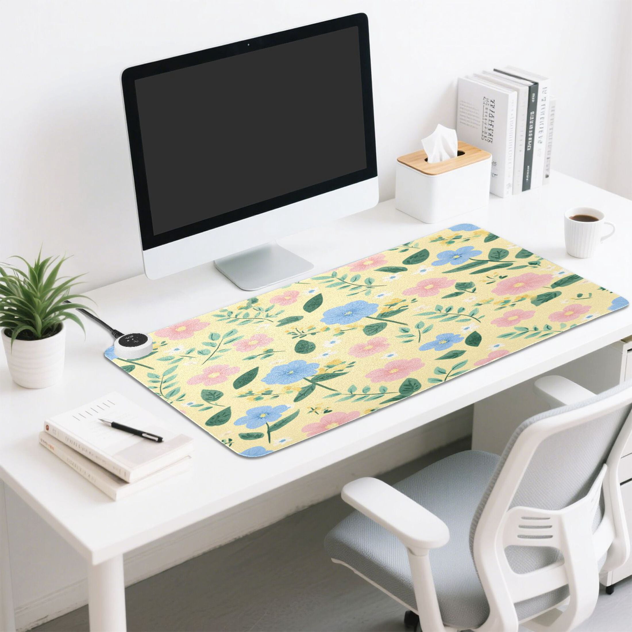 Large Heated Desk Mat Mouse Pad 31.5"x13"PU Leather Graphene Heating Desk Warmer with 3 Temperature Settings 110V US Plug Non-Slip Warm Pad for Home, Office, and Gaming Sweet Buttercup Floral Bloom