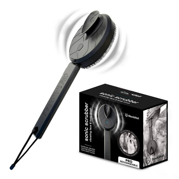 Black Wolf Cepillo vibratorio para rostro y cuerpo Sonic Scrubber Pro - Resistente al agua 4 configuraciones 2 velocidades y 2 modos Cepillo de masaje con cerdas de silicona con carbón para una limpie