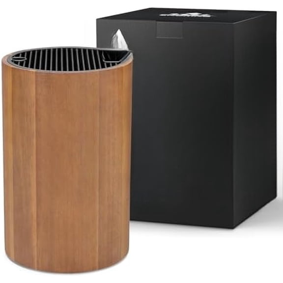 Universal Knife Block Holder with Plastic Lid, Acacia Wood Knife Block without Knives for Scissors, Sharpening Rod and Knives, Round Knife Storage Organizer Display