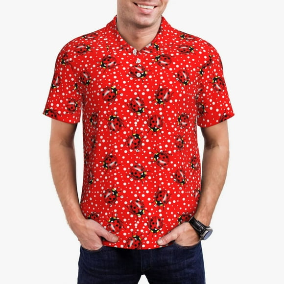 Saiise Chemise de Golf à Pois Rouges Coccinelles sur Fond Blanc pour Hommes Évacuation de l'Humidité Séchage Rapide Polo Performance pour Hommes-4TG