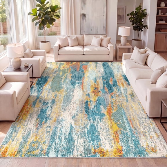 JONATHAN Y CONTEMPORARY POP 5 x 8 Area Rug, Modern Abstract Waterfall - Blue/Cream/Yellow, CTP106B-5