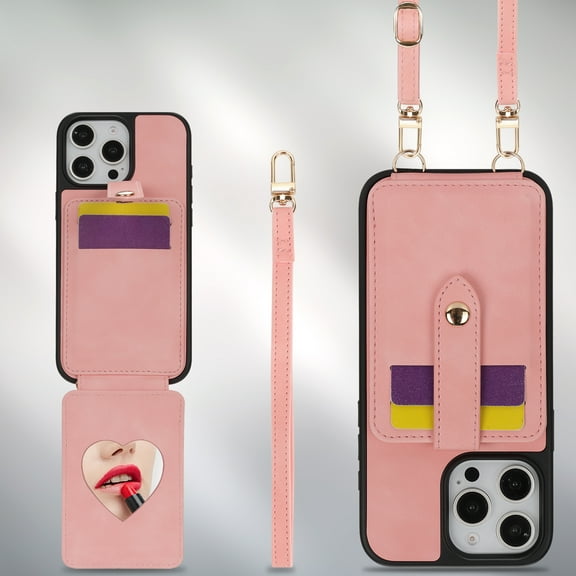 ELEHOLD Case for iPhone 14 Pro Max,Crossbody Wallet Case with Mirror & Card Holder Stand,Pink