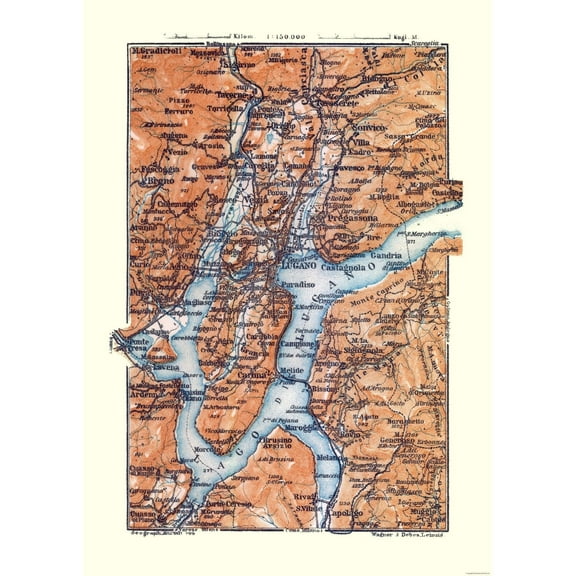 Historic Map - Lugano Switzerland - Baedeker 1921 - Vintage Wall Art