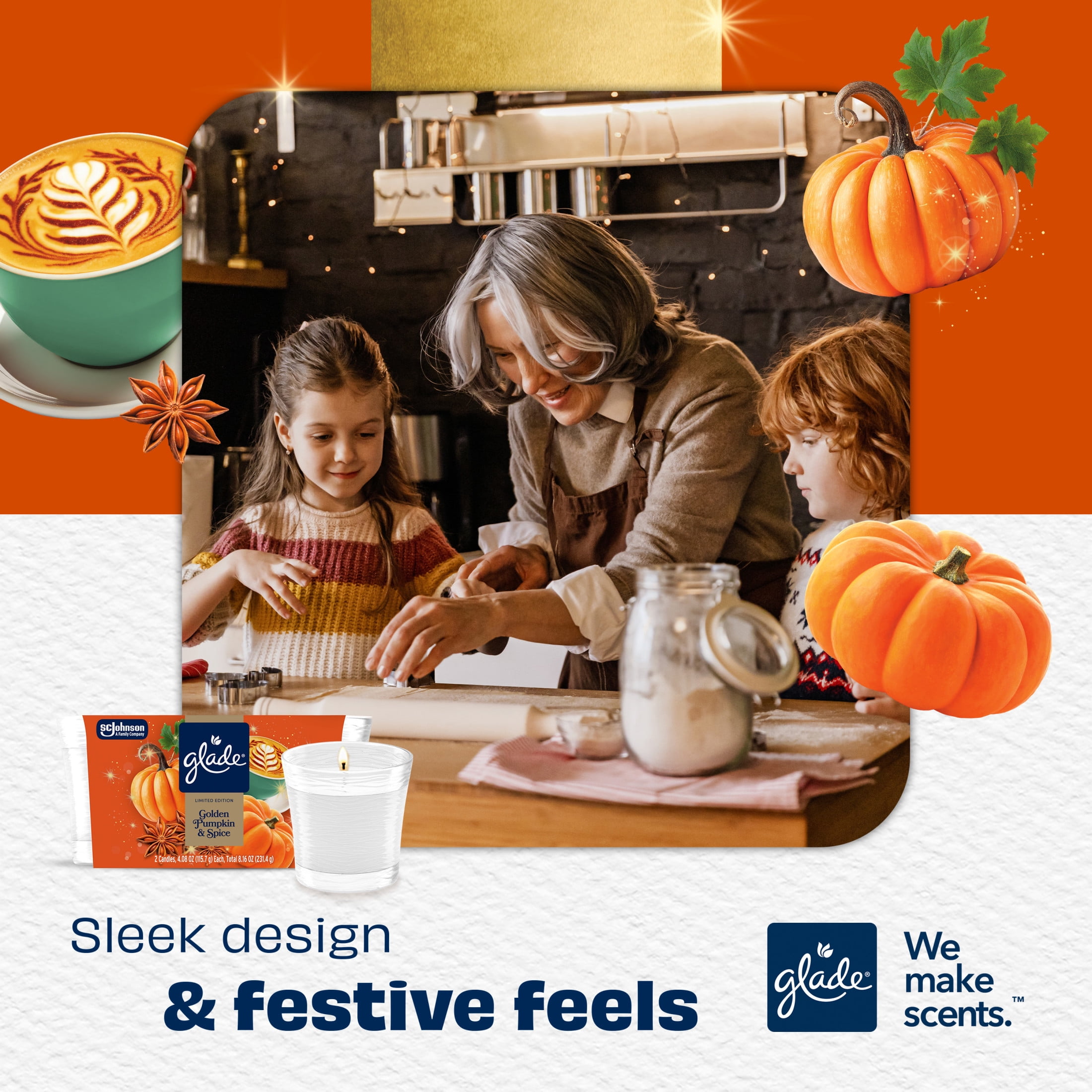 (3 pack) Glade® Candle Jar, Christmas Holiday Pumpkin & Ginger, 4.08oz., 2 Count