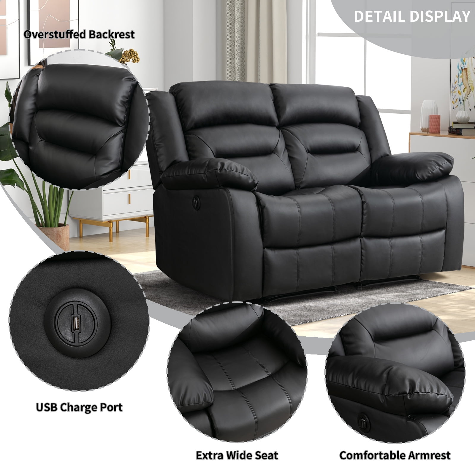 Bonzy Home Faux Leather Power Recliner Sofa Set, Electric Reclining Chair, Loveseat, and 3-Seat Sofa for Living Room, Bedroom, Office, Black