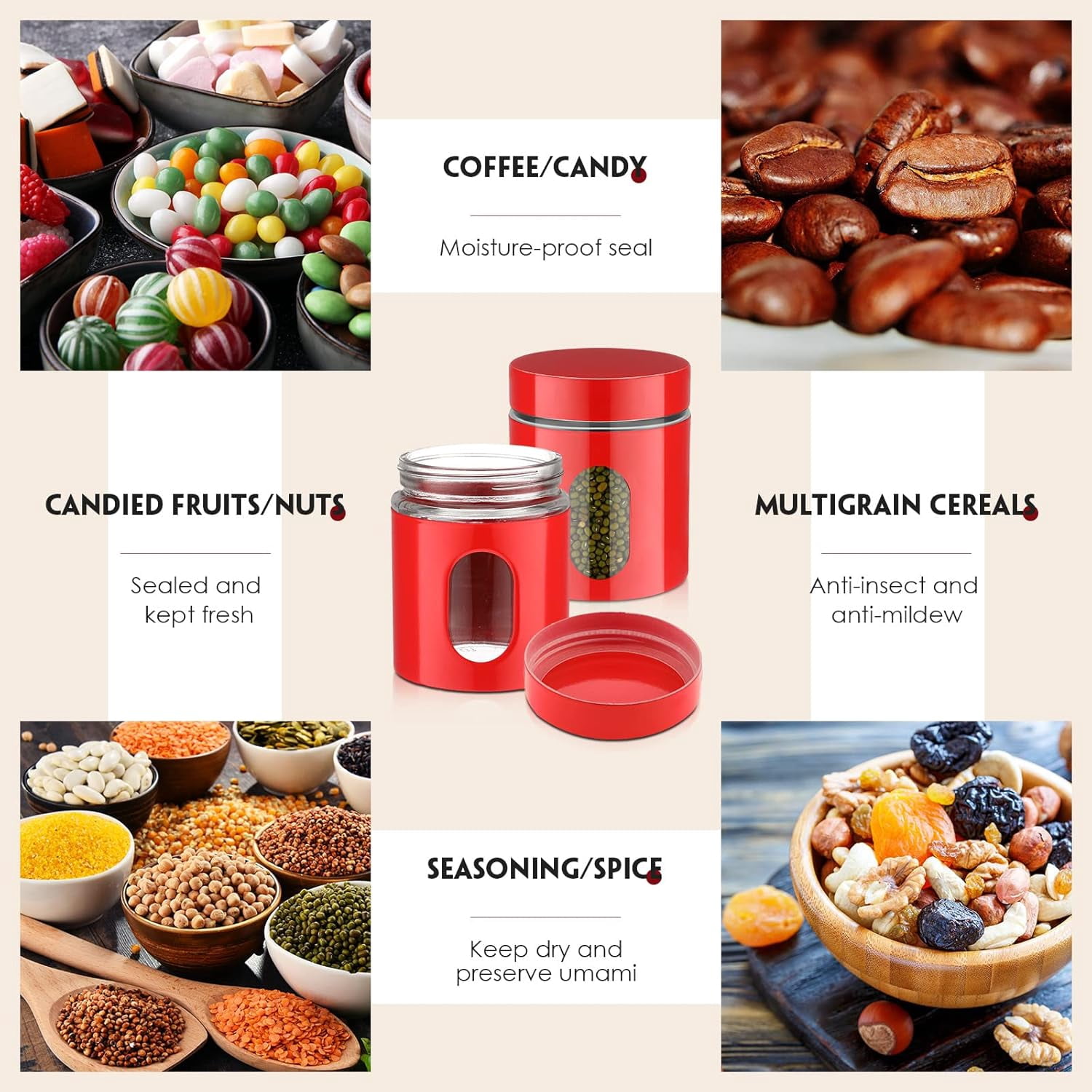 6 Pack Kitchen Canisters Set 20 oz Airtight Stainless Steel Canister Food Storage Container with Window Glass, Coffee Sugar Candy Jars Tea Organizer for Flour Cookies Spices Grains Kitchen(Red)