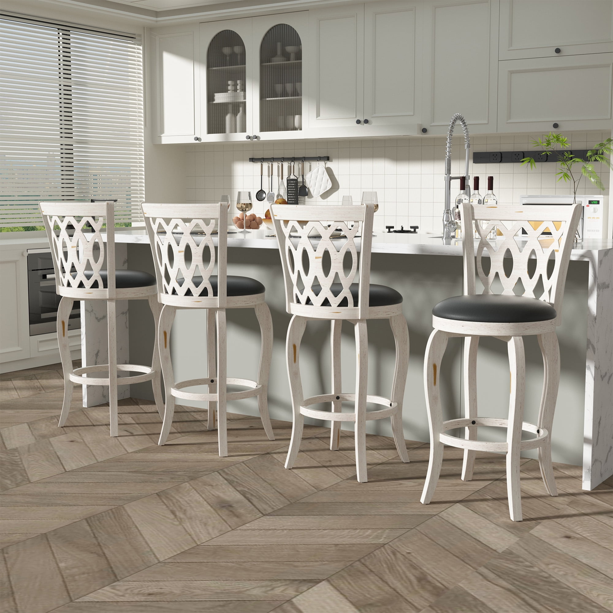 Joywind 29" Bar Height Swivel Bar Stools with High Back, Upholstered Seat & Solid Wood Footrest, White, Set of 2
