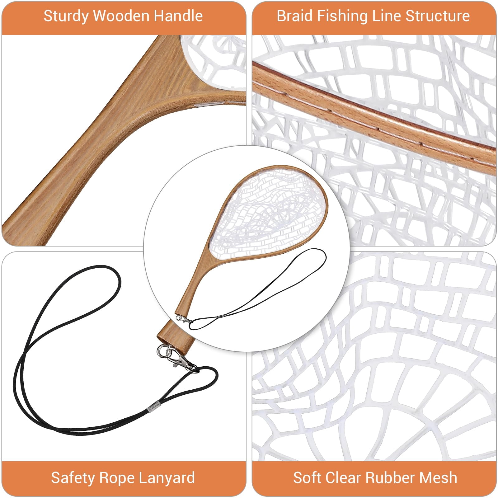 Fly Fishing Net Trout Net, Soft Mesh Fishing Net, Fish Landing Net with Safety Rope Lanyard, Lightweight Catch and Release Net for Trout, Bass,56*27*1.8cm
