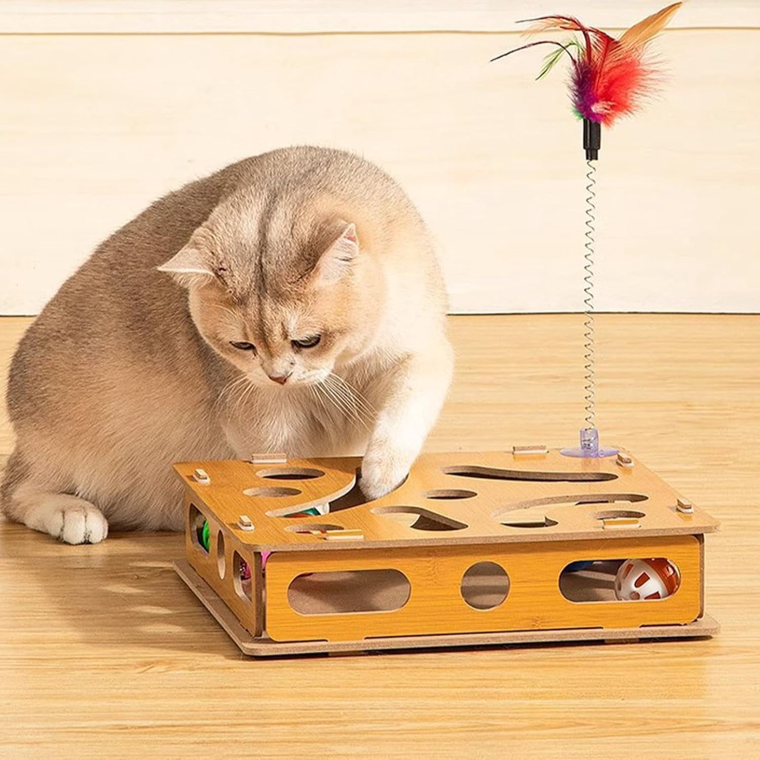 Cat Scratch Board with Bell, Interactive Wooden Toy for Indoor Cats