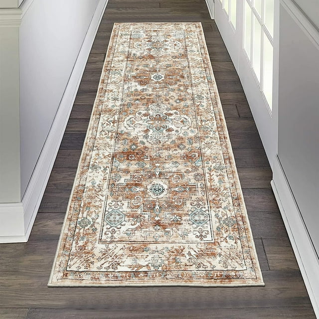 Findosom 2'x6' Hallway Runner Rug Washable Vintage Kitchen Laundry Runner with Non Slip Backing Farmhouse Entryway Living Room Floor Mat Stain Resistant Runner Carpet Orange