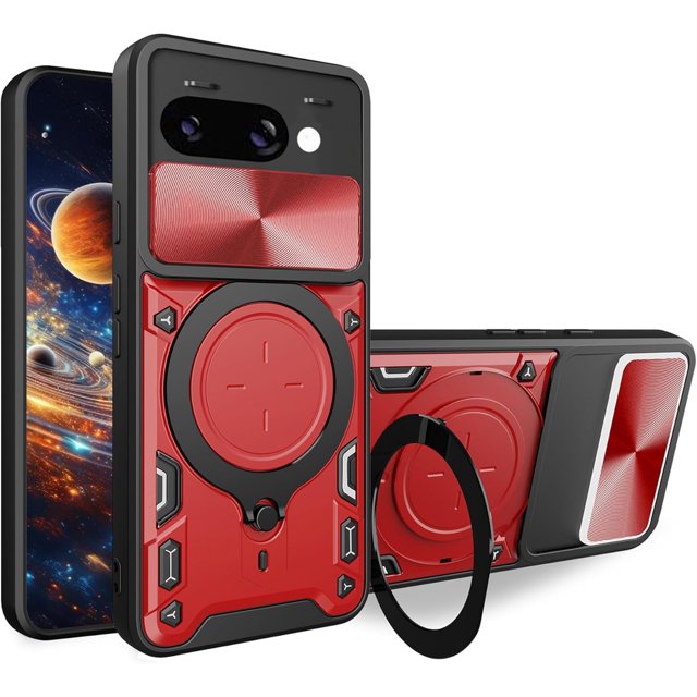 KOMI Case for Google Pixel 9a with Rotatable Kickstand, Military Grade Shockproof Protective Phone Case with Slide Camera Cover for Google Pixel 9a Red
