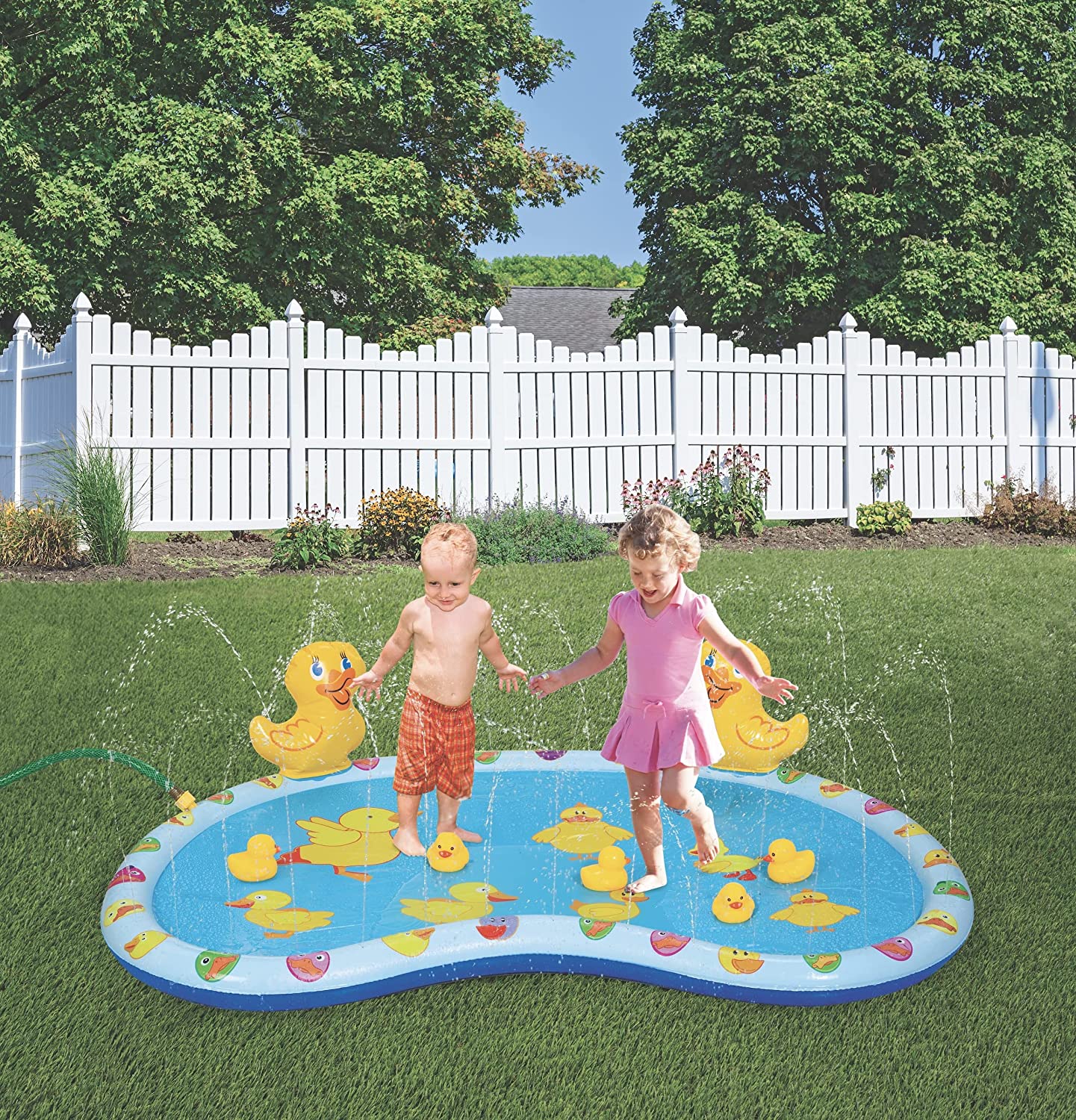 KOVOT 54" Inflatable Duck Splash Pool Mat Sprinkler Outdoor Playable with Rubber Duckies, 4 Pieces
