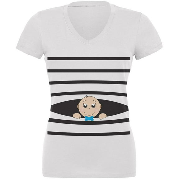 Striped Peeking Baby Boy White Juniors V-Neck T-Shirt - Small