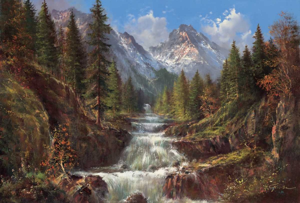 半価特売版画 「Sabael Waterfall」 273/300 額入 風景画 石版画、リトグラフ