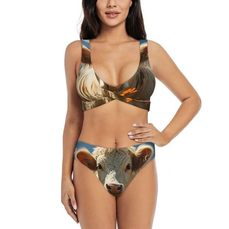 Zeuib Daisy Meadow Cow High Waisted Tummy Control Bikini Set - Knot Front Push Up Top & Cheeky Thong Bottom  Two-Piece Swimsuit for Women-XX-Large