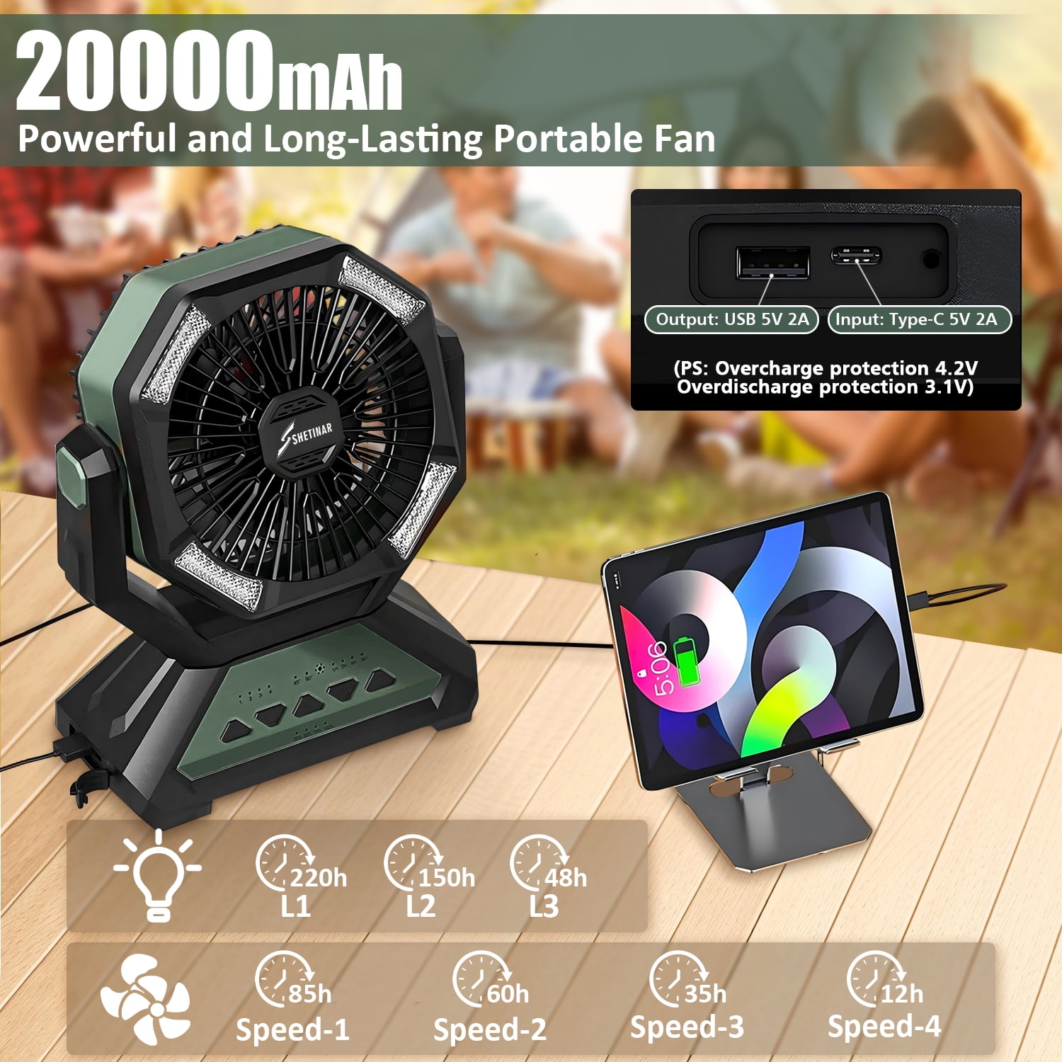 SHETINAR 20000mAh Camping Fan Battery Powered Fan 4-Speed Tabletop Fan with Charging, Hooks, Timer, Portable Fan for Office,Bedroom,Outdoor,Power Outage,Hurricane,Travel.Green