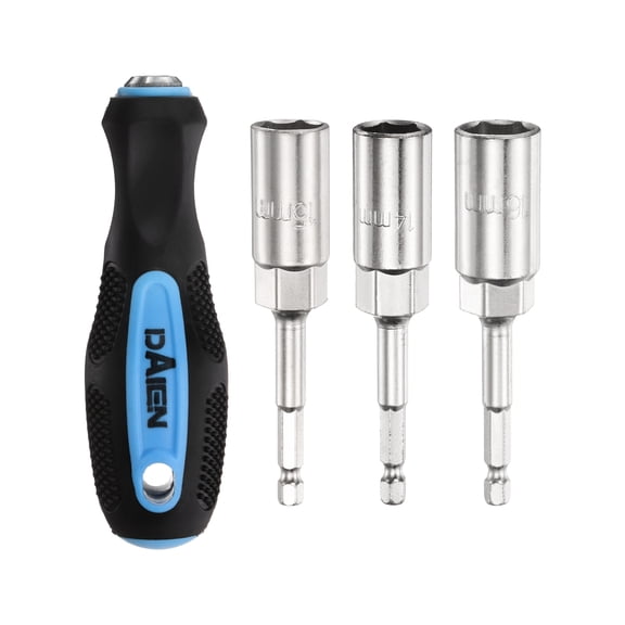 Uxcell Metric Nut Driver 14mm/15mm/16mm CR-V Non-Magnetic Detachable Tip Hollow Shafts Hex Socket Screwdriver with Anti-Slip Handle for Automobile Repair Bit Driver, Blue/Black