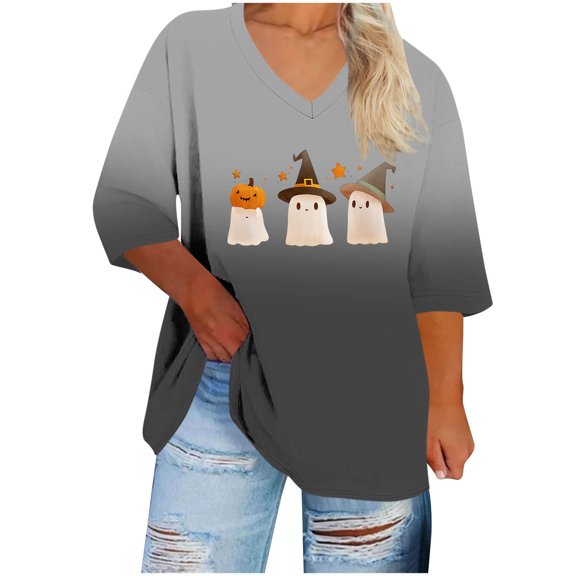 CLOISE 3/4 Sleeve T Shirts for Women Plus Size Halloween Pullover Loose Graphic V Neck Tops Trendy Fall Tunic Clothes Black 5XL