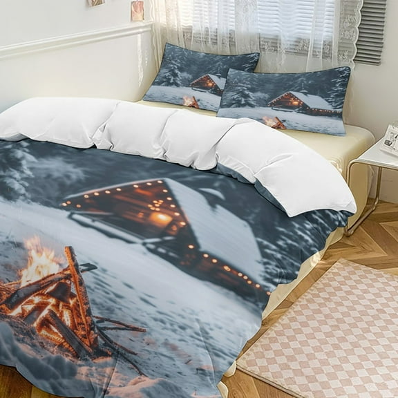 Christmas Snowman Snow House 3 Pieces Duvet Cover with Zipper Closure,Premium Polyester Lightweight Bedding Set