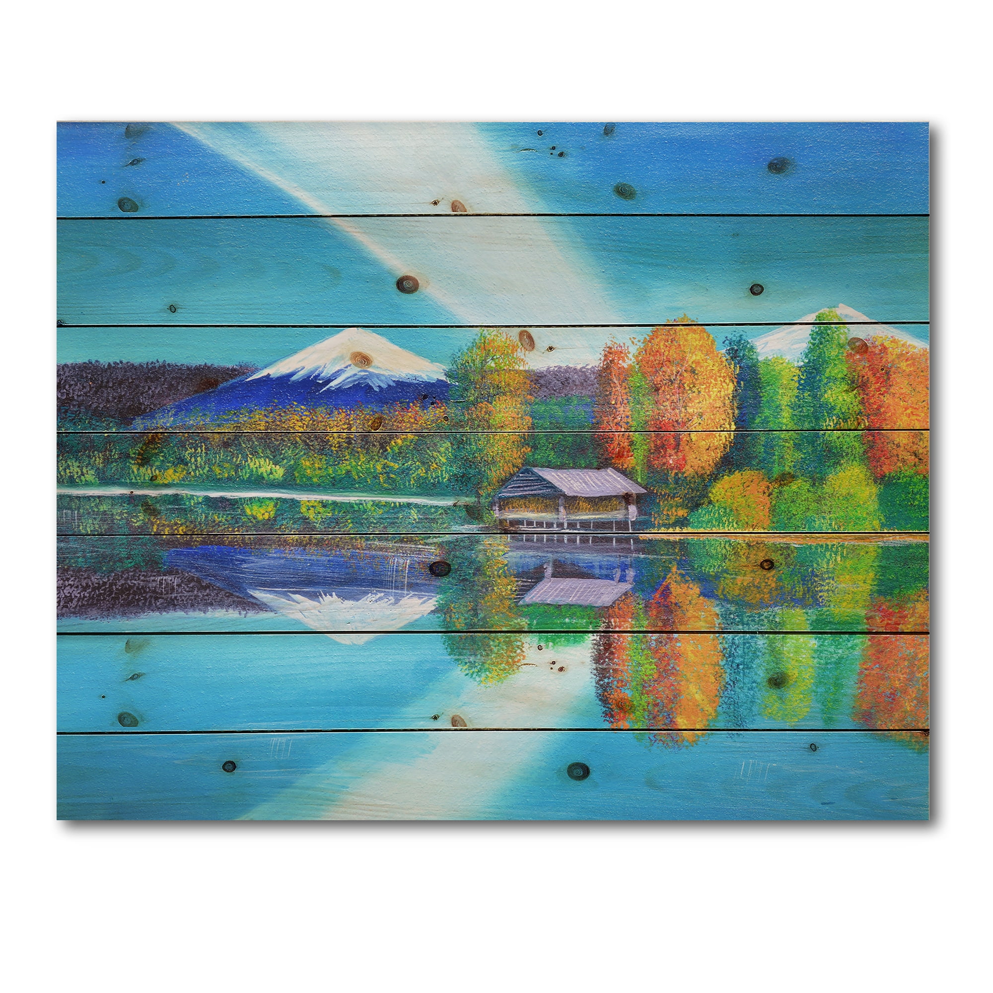 Designart 'Reflection Of Mountain and Sky On The Lake Water' Nautical & Coastal Print on Natural Pine Wood