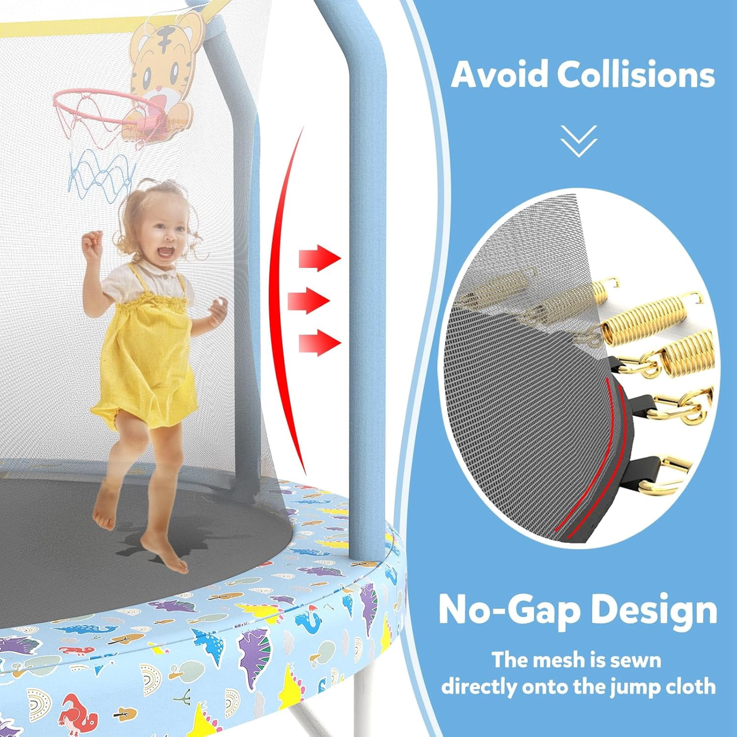 55" Trampoline for Kids, Mini Toddler Trampolines Indoor with Basketball Hoop & Safety Enclosure Net, No-Gap Safe Design for Boys Girls Ages 1-8