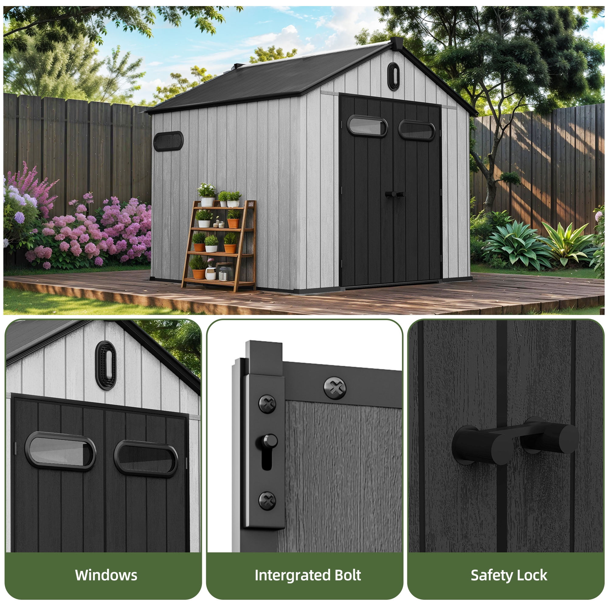 Uforic 8x8ft Outdoor Resin Storage Shed with Floor, 427cuft Garden Shed with Lockable Door, Windows & Vents, Plastic Tool Storage, Waterproof