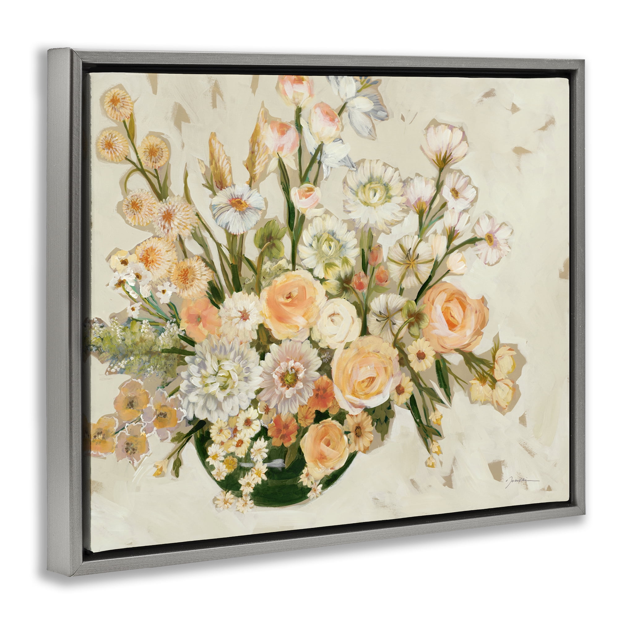 Stupell Industries Beige Shabby Chic Flowers Floral & Botanical Painting Gray Floater Framed Canvas Art Print Wall Art, 31 x 25