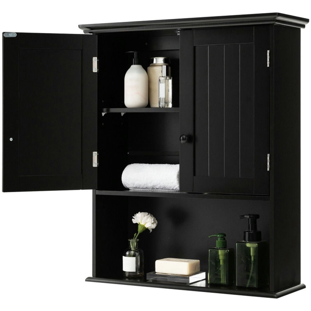 Finihen Wall Cabinet, Wall Mounted Bathroom Cabinet, Medicine Cabinet, 2-Door Wall Mount Bathroom Storage Cabinet with Open Shelf, for Kitchen Entryway Bathroom, Black