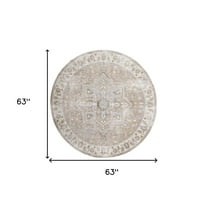 5' Beige and Ivory Round Floral Medallion Power Loom Washable Area Rug