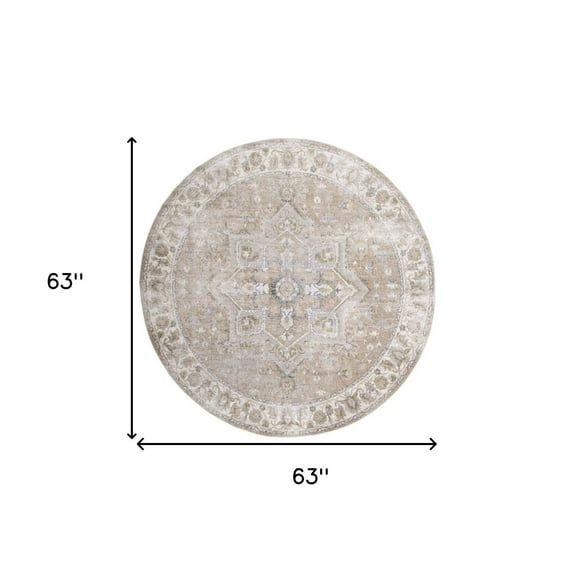 5' Beige and Ivory Round Floral Medallion Power Loom Washable Area Rug
