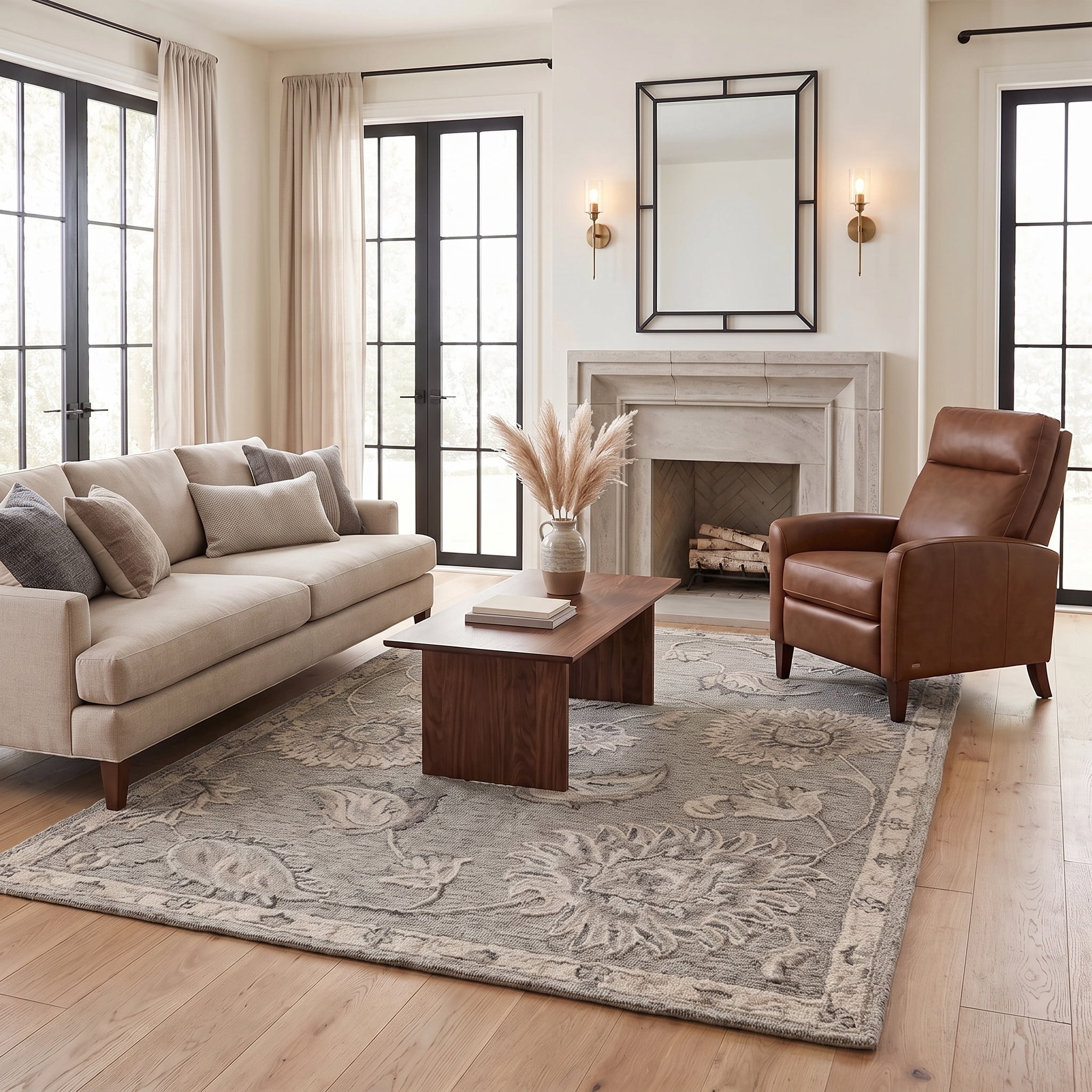 LR Home Aiden 7' x 9' Gray/Blue Floral Wool Indoor Area Rug