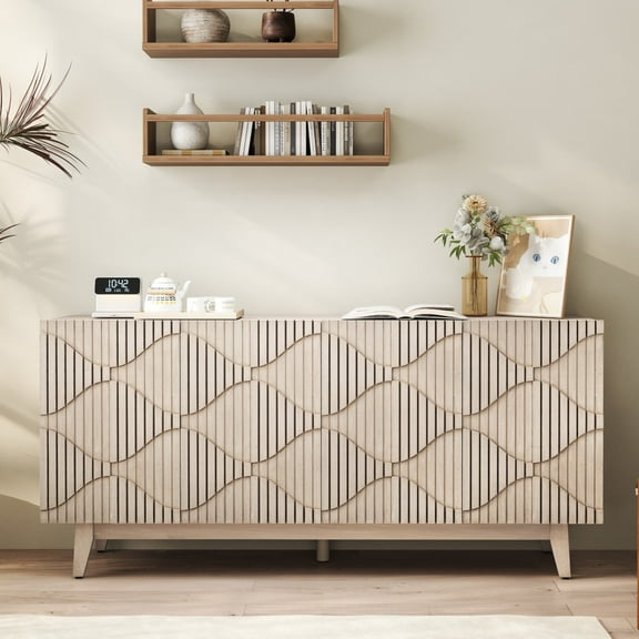 Distressed Wooden Buffet Cabinet with Storage, Accent Sideboard with 4 Carved Doors & Adjustable Shelf, Sideboard Cabinet for Kitchen, Living Room, Entryway，Natural