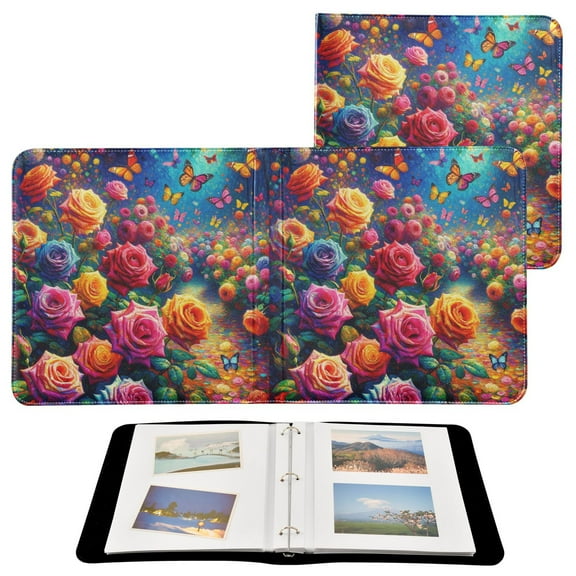 Leather Cover Photo Album 80 Pockets 4x6 Photos Bookshelf Picture Album Rainbow Rose and Butterflies