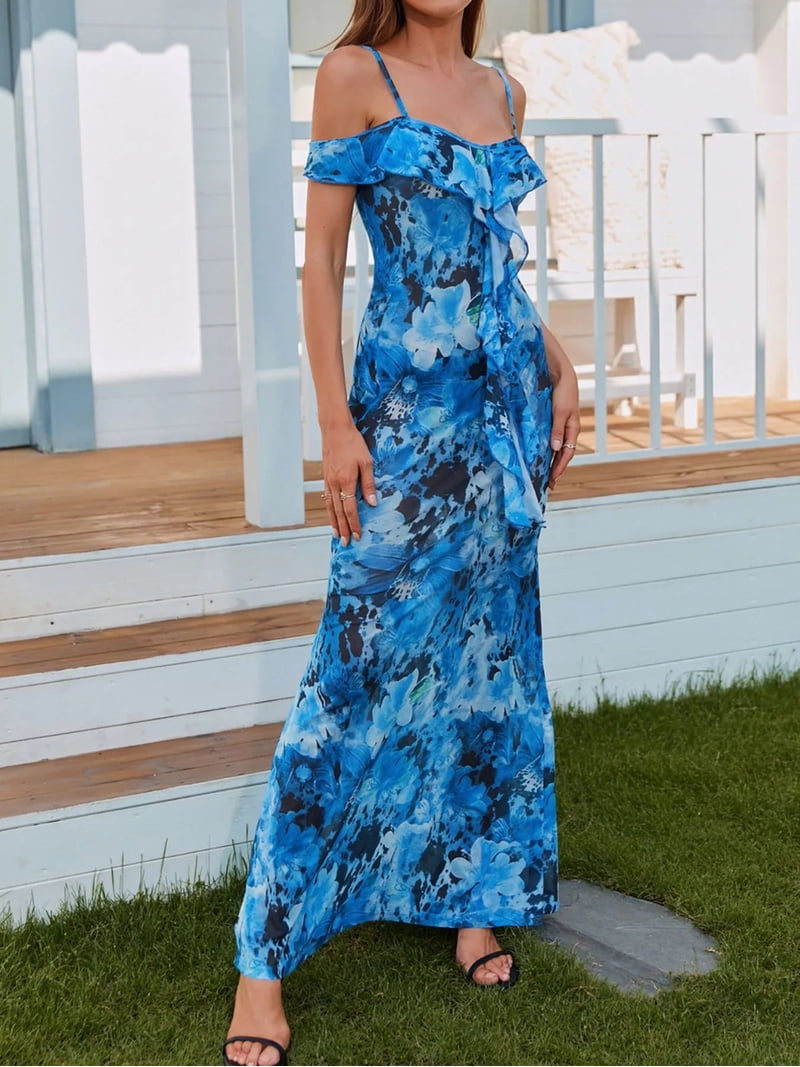 day to night maxi dress Women's Ruffled Floral Print Maxi Dress with Stretch Bodice and Flowing  Silhouette for Day to Night Wear 100% Polyester