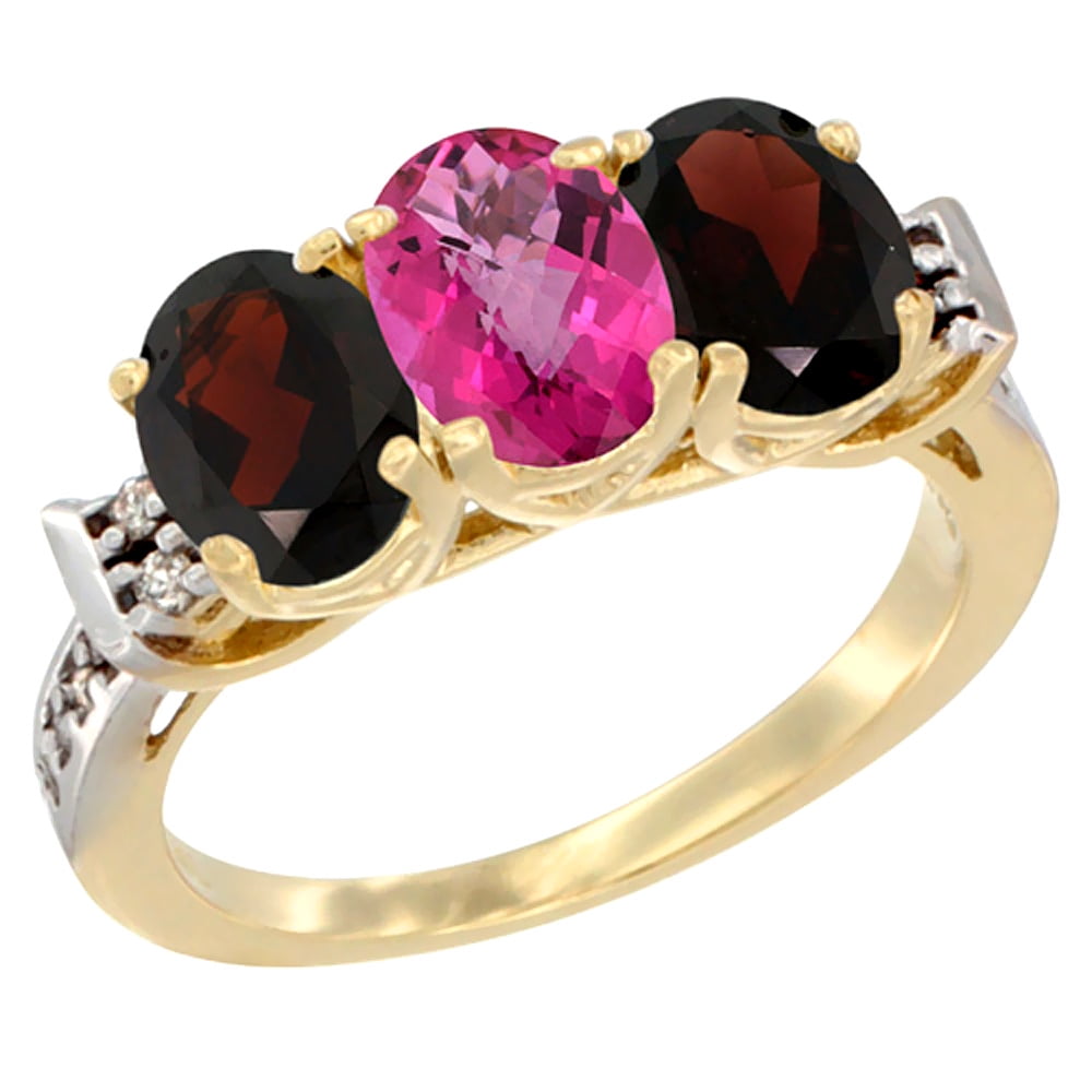 10K Yellow Gold Natural Pink Topaz & Garnet Sides Ring 3-Stone Oval 7x5 mm Diamond Accent, sizes 5 10 by WorldJewels