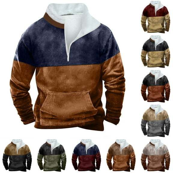 Miluxas Western Sweatshirts for Men Aztec Retro Pullover Quarter Zip Sweatshirt Mens Stitching Color Fleece Sweatshirt Wine