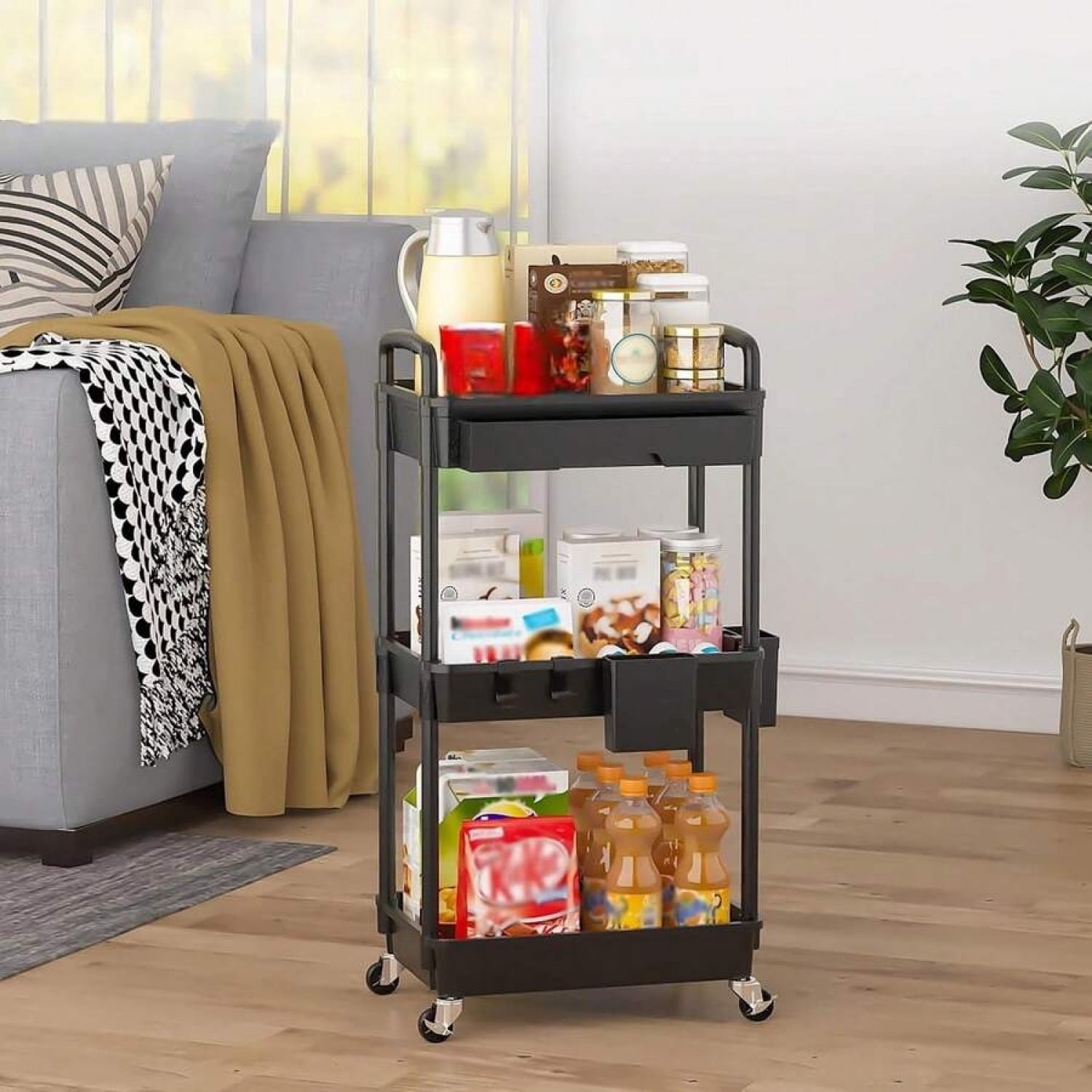NTGFU 3 Tier Rolling Storage Cart with Drawers,Room Decor,Bathroom Decor,Rolling Utility Cart Rolling Storage Organizer Tool for Kitchen,Bathroom,Living Room,Office Outdoor Decor - Black