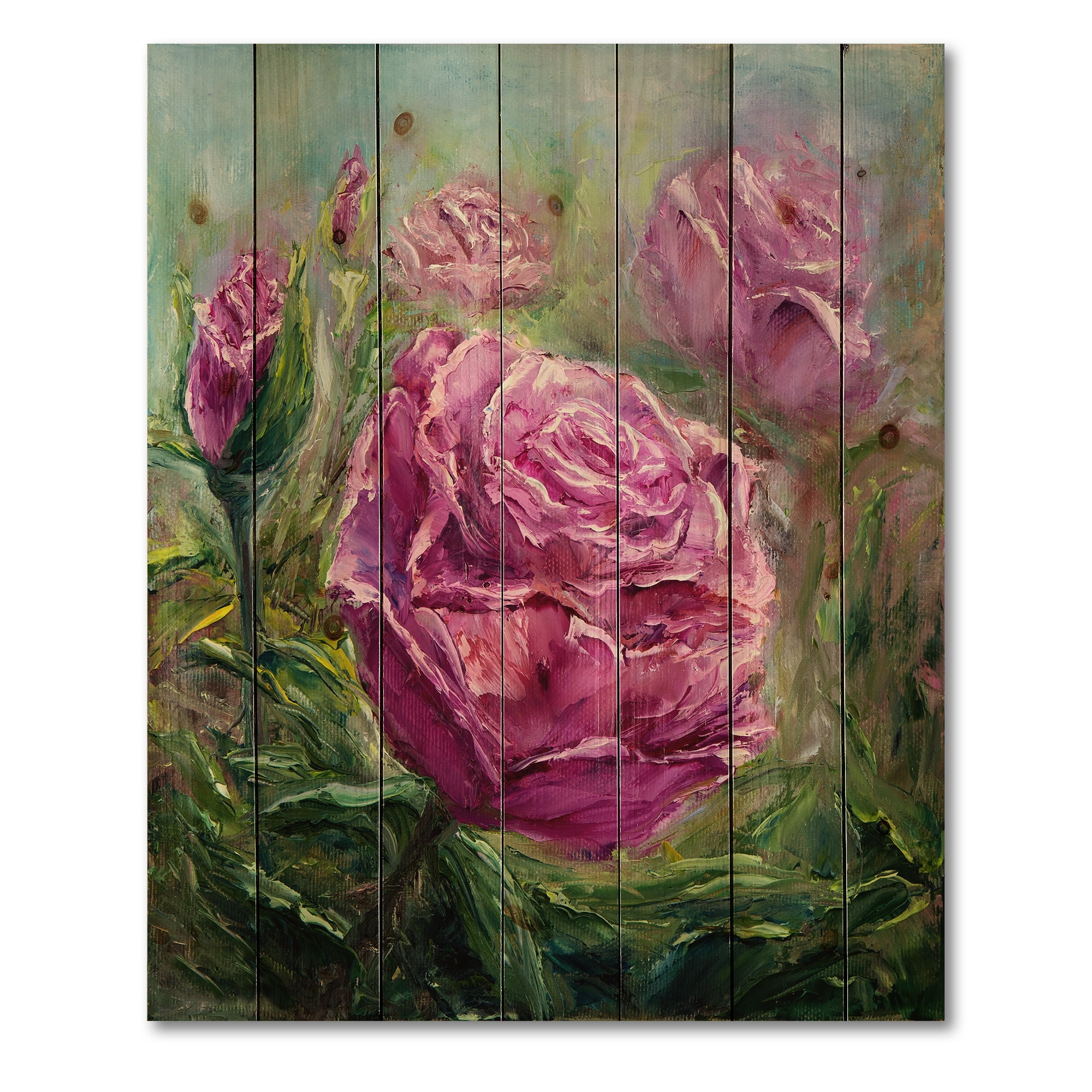 Designart 'Abstract Pink Peonies' Traditional Print on Natural Pine Wood
