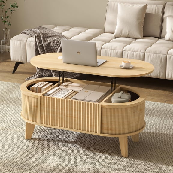Natural Fluted Lift-Top Oval Coffee Table With Storage Compartment