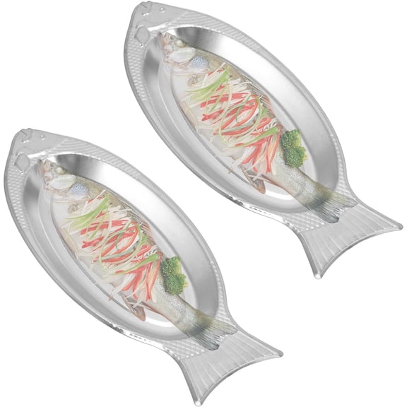 Hapivida 2Pcs Fish Serving Tray, 13.8inch Silver Stainless Steel Food Serving Trays Decorative Oval Tray Large Sizzling Tray Dishes Food Storage Trays