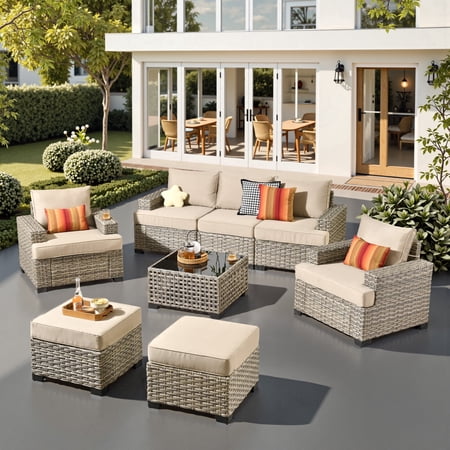 XIZZI Outdoor Patio Furniture Sets 8 Pieces Outdoor Sectional wicker patio furniture with Coffee Table and Ottomans All-Weather Waterproof Outdoor Conversation set for Garden Porch Beige