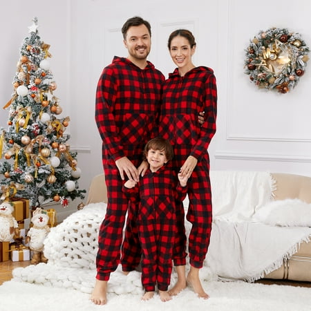 

PatPat Christmas Family Matching Pajamas Set Buffalo Plaid Hooded Jumpsuit Sleepwear Long Sleeve Thickened Polar Fleece Zipper Onesies Pajamas with Pockets Warm Nightwear Dog Bandana Flame Resistant