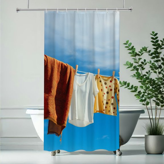 RKSupls Waterproof Shower Curtain, Laundry Line Clothesline Sunny Sky Polyester Shower Curtain with Hooks for Chic Elegant Home Bathtub Bathroom Decor Washable Curtains