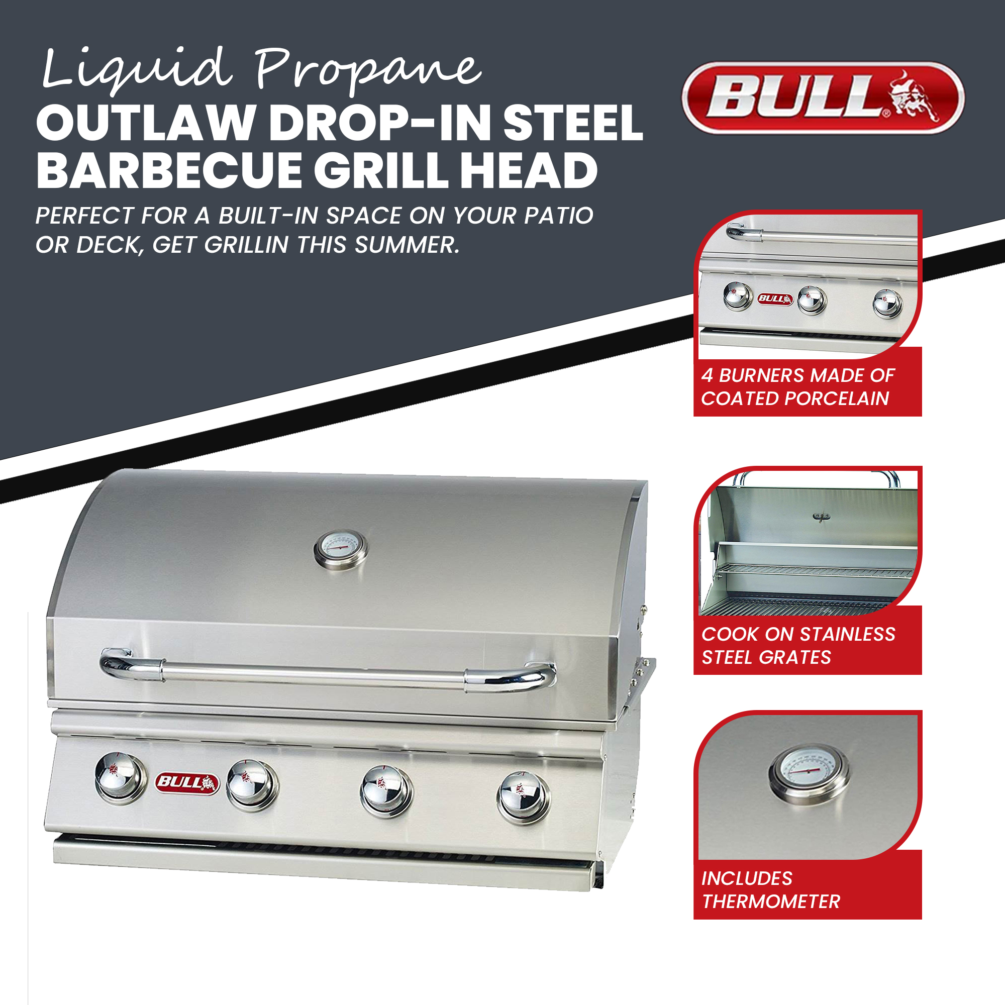 Bull Outdoor Products Liquid Propane Outlaw Drop-In Barbecue Grill Head - image 2 of 10