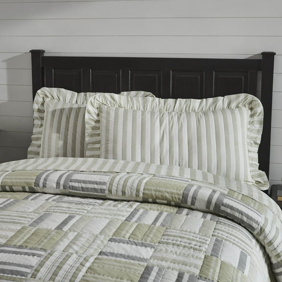 VHC Brands Farmhouse Bedding Finders Keepers White Tan Striped Pillow Cover Ruffled King Sham 21x37