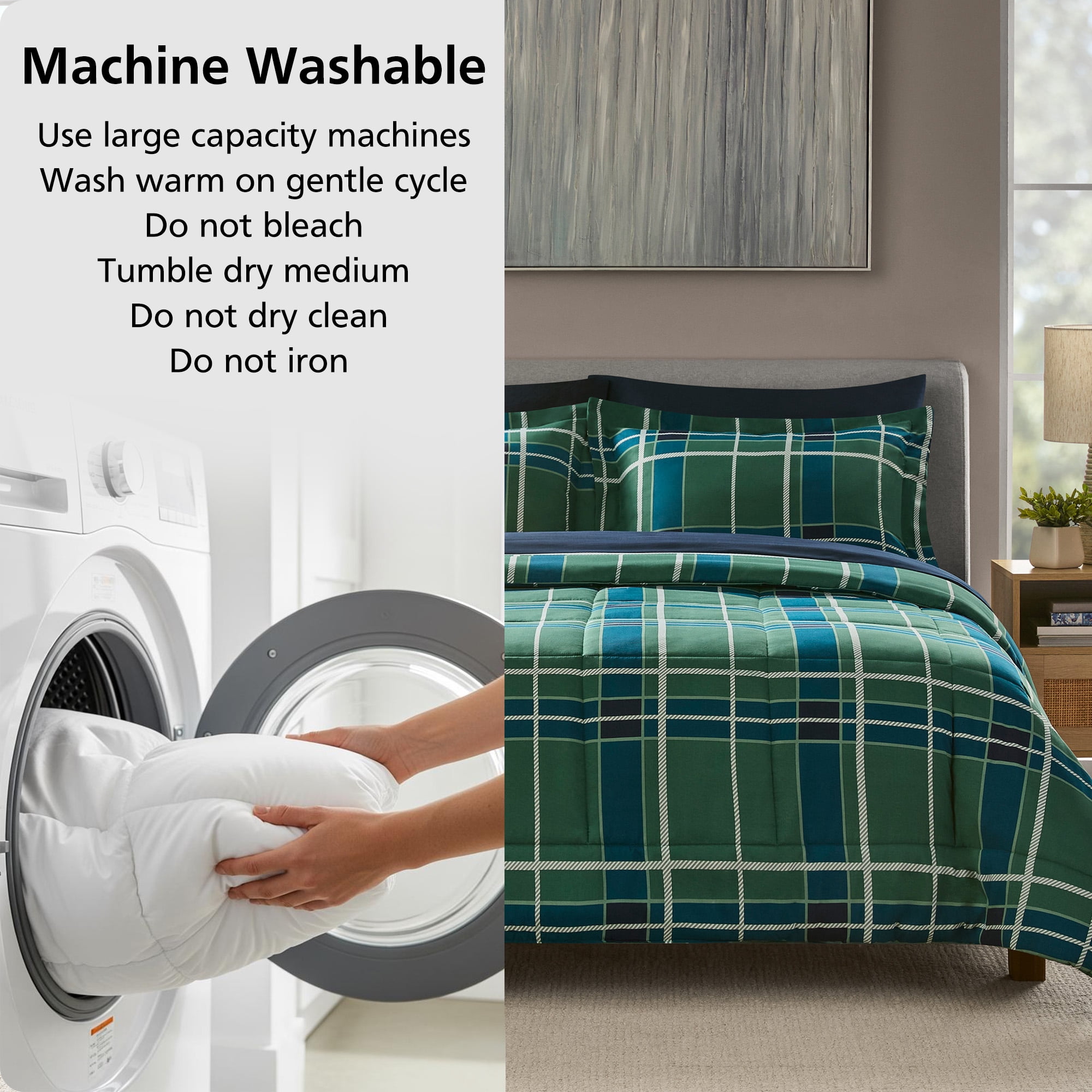 Mainstays Bed in a Bag Reversible Comforter Set with Sheets, 7 Piece, Full, Green and Navy Plaid